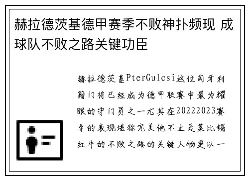 赫拉德茨基德甲赛季不败神扑频现 成球队不败之路关键功臣 赫拉德茨基德甲赛季不败神扑频现 成球队不败之路关键功臣